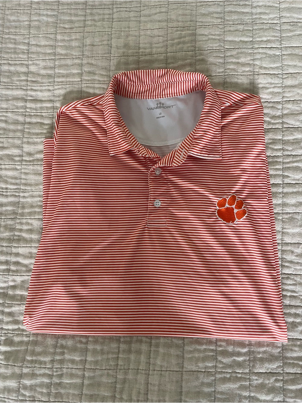 Clemson University Orange & White Striped Polo Golf shirt with Orange Paw Patch